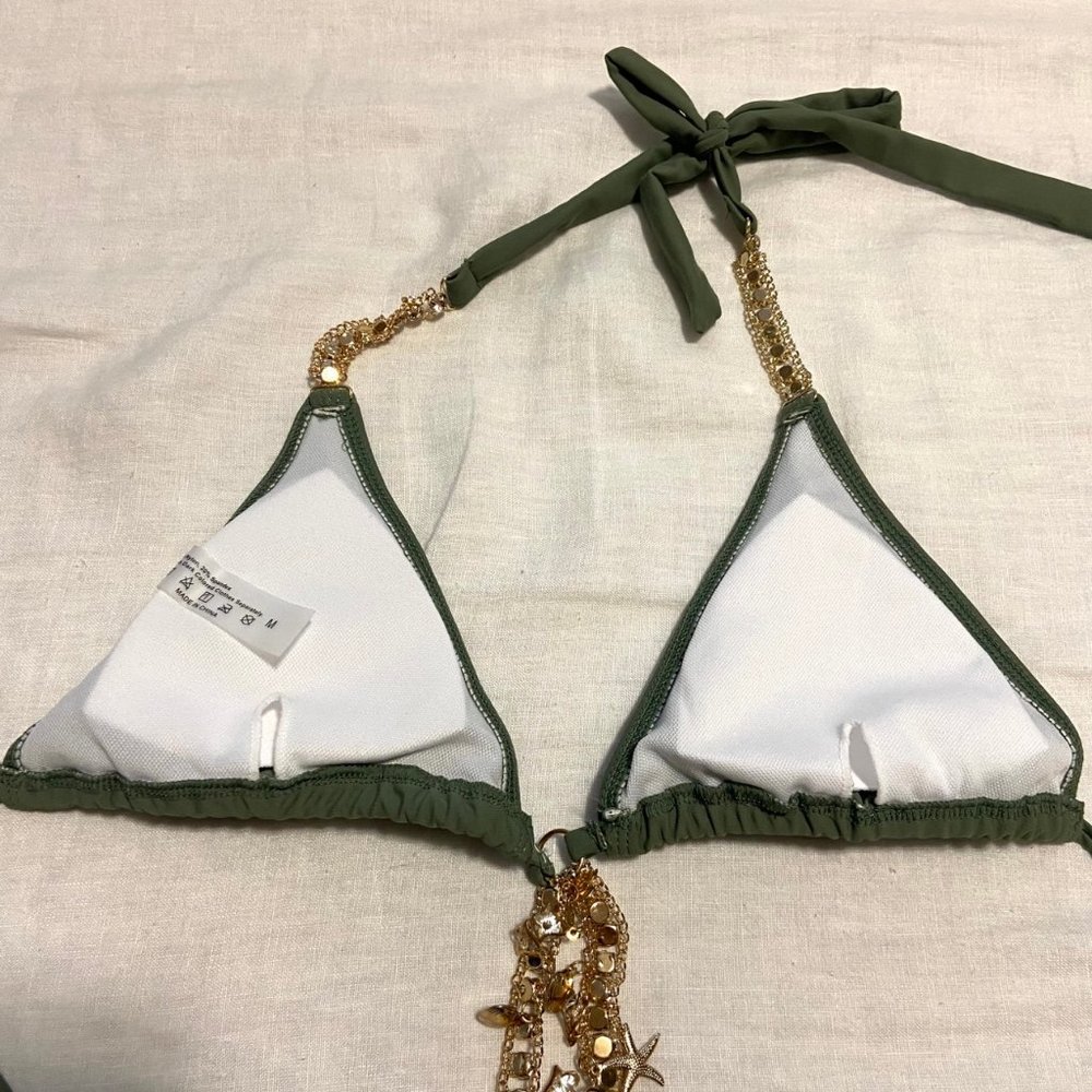 Shein Rhinestone Chain Linked Tie Side Bikini Swimsuit in Army Green (2 pc set) - Picture 8 of 12